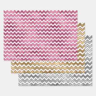 Girl Pink Gold Silver White Zigzag Streifen Geschenkpapier Set