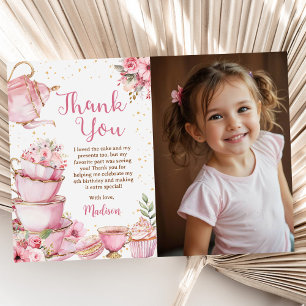 Girl Pink & Golden Floral Tee Party Geburtstag Fot Dankeskarte
