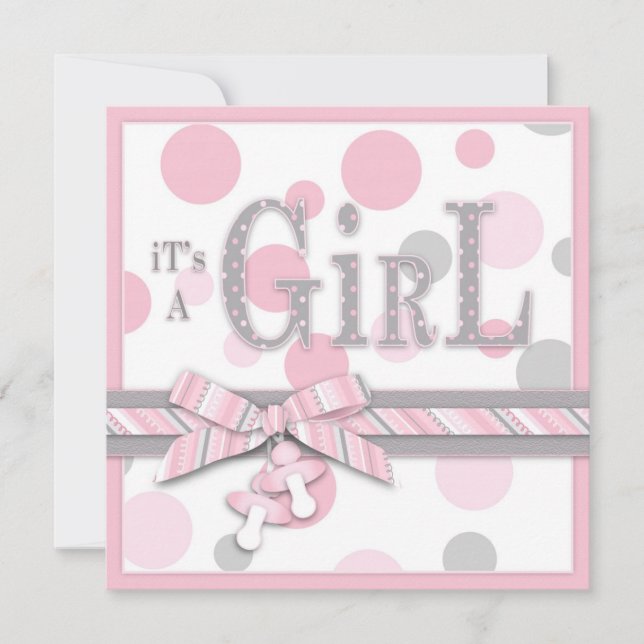 GIRL Pink Gray Dots Babydusche Einladung (Vorderseite)