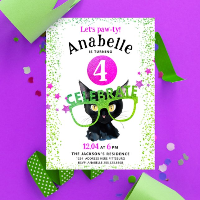 Girl Pink Green Black Cat Paw Glitzer Wasserfarbe Einladung (Von Creator hochgeladen)