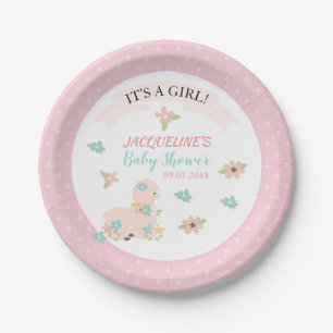Girl Pink Llama Floral Baby Dusche Pappteller