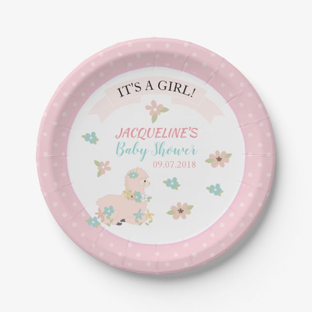 Girl Pink Llama Floral Baby Dusche Pappteller (Vorderseite)
