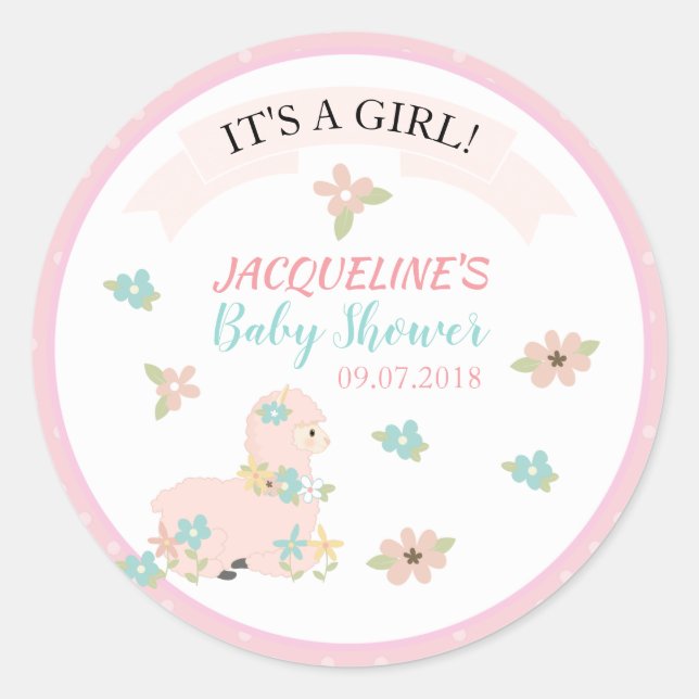 Girl Pink Llama Floral Baby Dusche Runder Aufkleber (Vorderseite)