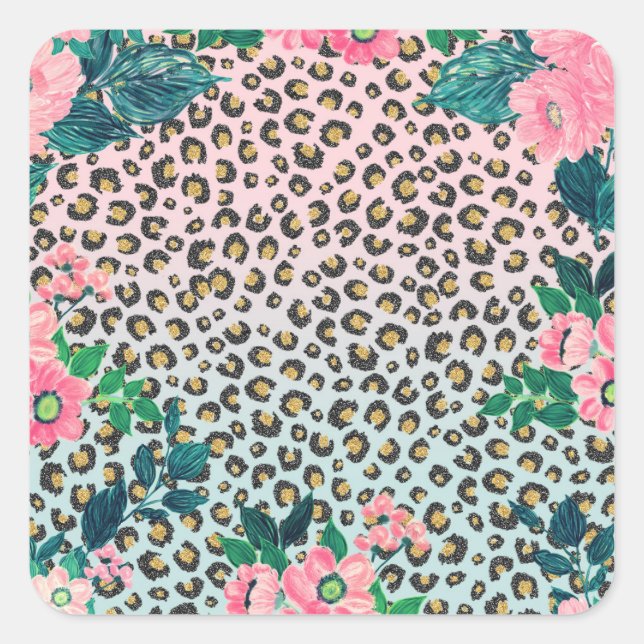 Girl Pink Mint Ombre Glitzer Leopard Print Quadratischer Aufkleber (Vorderseite)