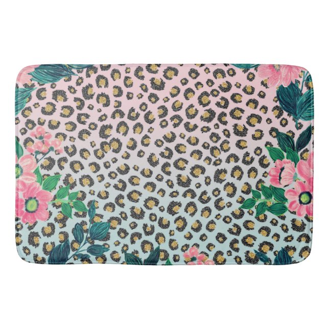 Girl Pink Minze Ombre Bloral Glitzer Leopard Print Badematte (Vorderseite)