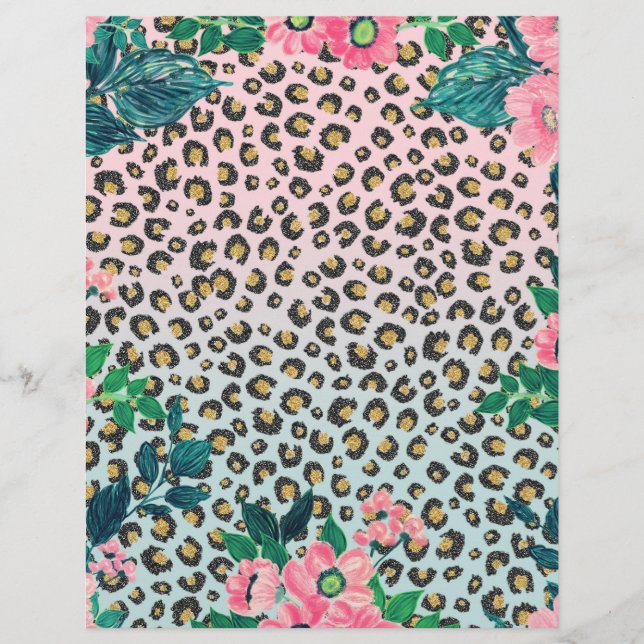 Girl Pink Minze Ombre Bloral Glitzer Leopard Print Briefbogen (Vorderseite)