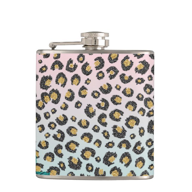 Girl Pink Minze Ombre Bloral Glitzer Leopard Print Flachmann (Vorderseite)