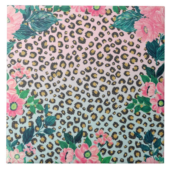 Girl Pink Minze Ombre Bloral Glitzer Leopard Print Fliese (Vorderseite)