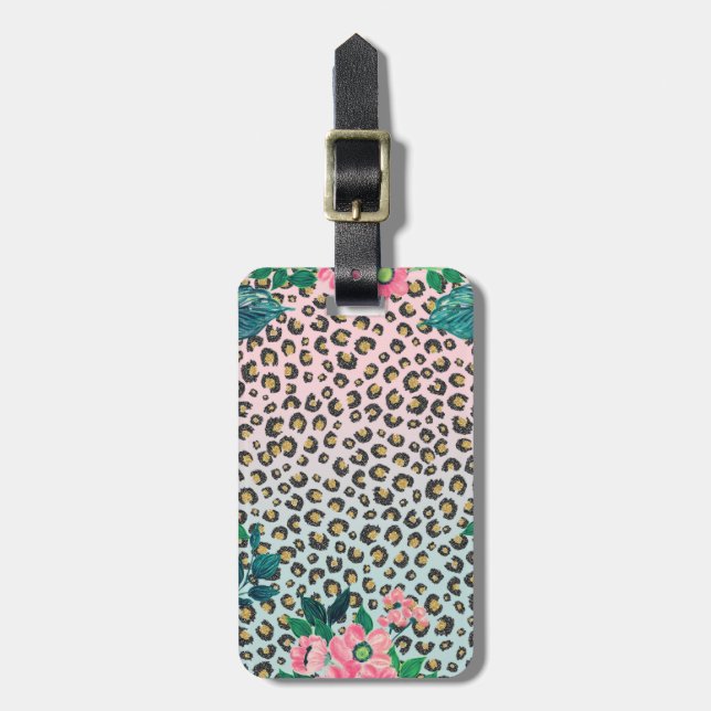 Girl Pink Minze Ombre Bloral Glitzer Leopard Print Gepäckanhänger (Vorderseite vertikal)