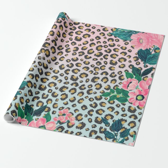 Girl Pink Minze Ombre Bloral Glitzer Leopard Print Geschenkpapier (Ungerollt)