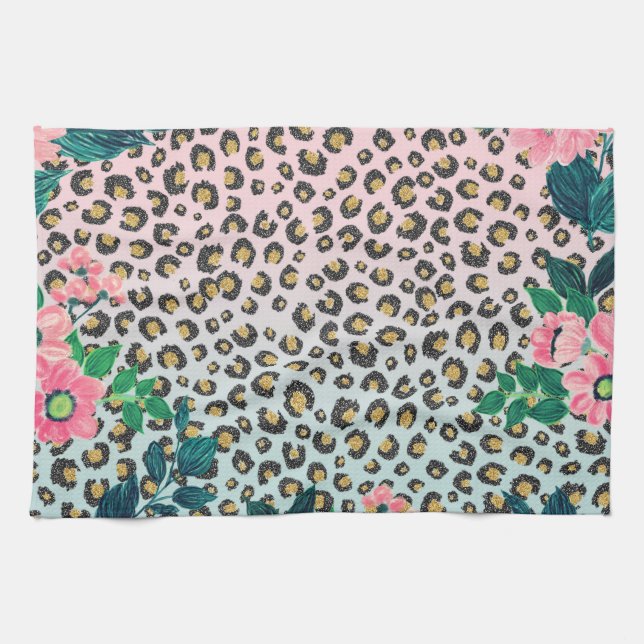 Girl Pink Minze Ombre Bloral Glitzer Leopard Print Geschirrtuch (Horizontal)