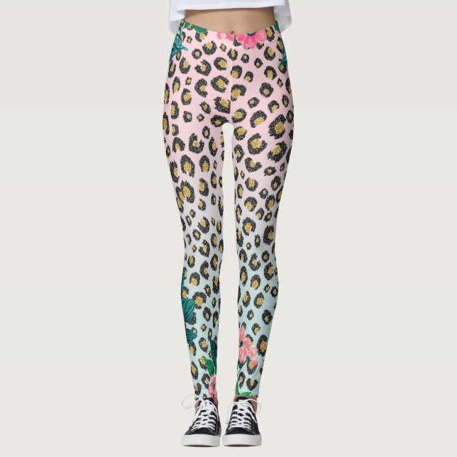 Girl Pink Minze Ombre Bloral Glitzer Leopard Print Leggings (Vorderseite)