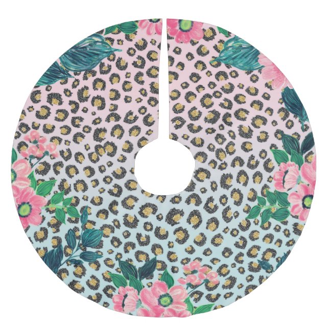 Girl Pink Minze Ombre Bloral Glitzer Leopard Print Polyester Weihnachtsbaumdecke (Vorderseite)