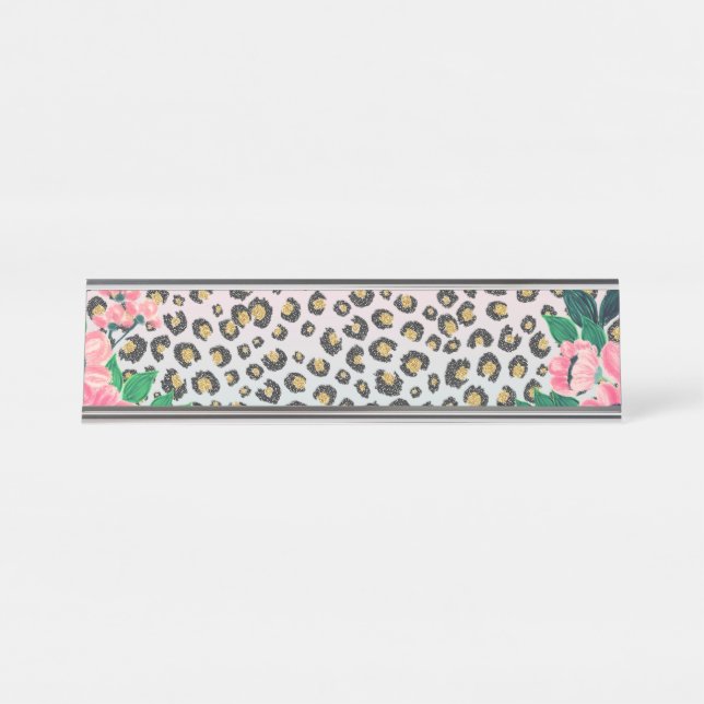 Girl Pink Minze Ombre Bloral Glitzer Leopard Print Schreibtischnamensplakette (Vorderseite )