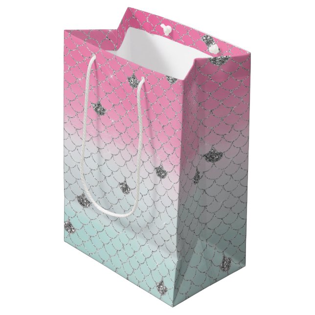 Girl Pink Minze Silver Glitzer Mermaid Mittlere Geschenktüte (Vorderseite Schrägansicht)