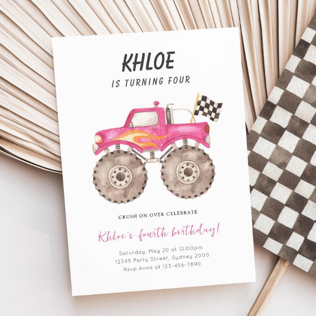 Girl Pink Monster Truck Bash jedes Alter Geburtsta Einladung (Von Creator hochgeladen)