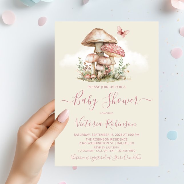 Girl Pink Mushroom Butterfly Babydusche Einladung (Girl mushroom baby shower invitation with butterfly. You can change the background color.)