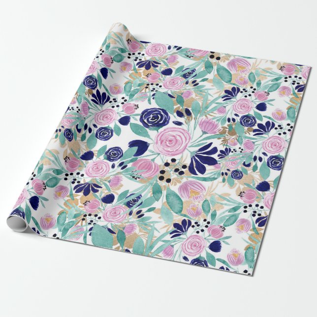 Girl Pink Navy Blue Gold Watercolor Blume Geschenkpapier (Ungerollt)