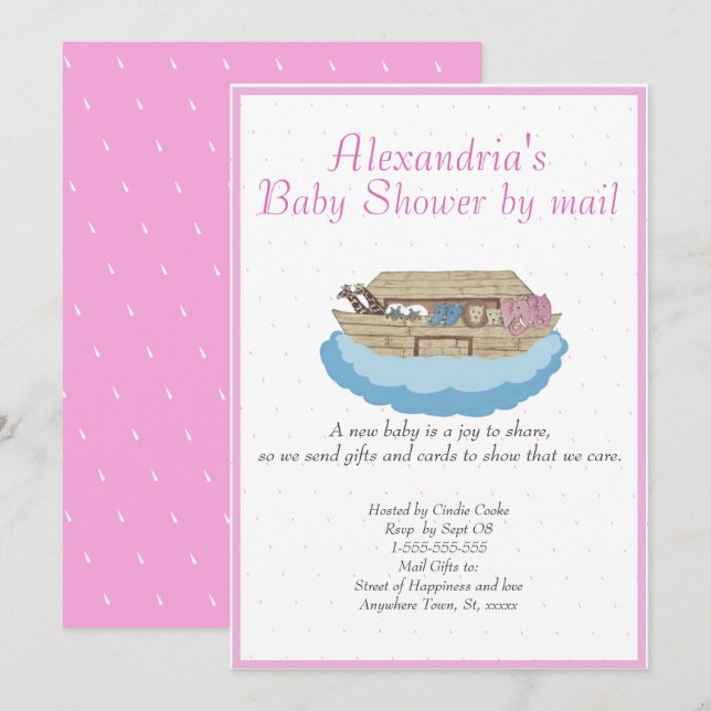 Girl Pink Noah Ark Baby shower par mail Invitation (Devant / Derrière)