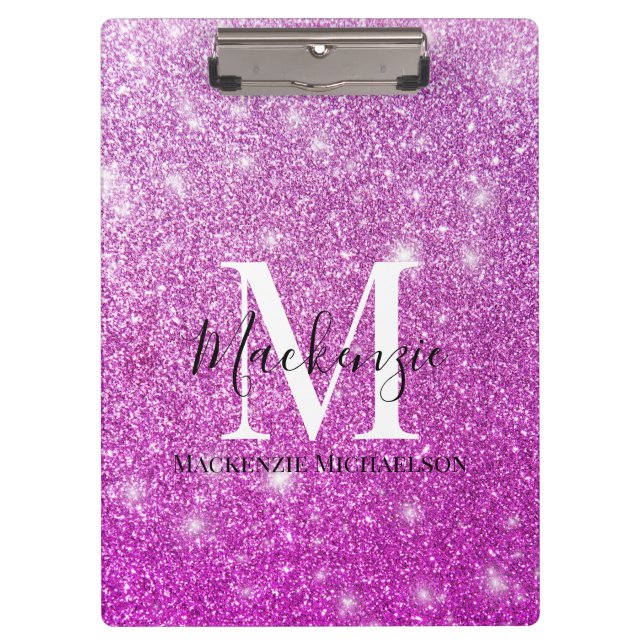 Girl Pink Ombre Glitzer Monogram Name Klemmbrett (Vorderseite)