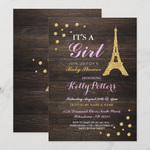 Girl Pink Paris Gold Baby Dusche Wood Invite Einladung