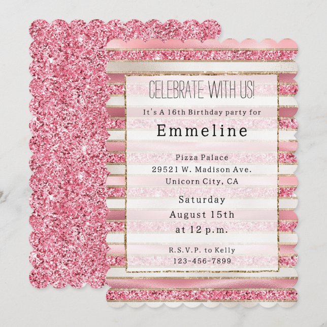 Girl Pink Pearl Glitzer Streifen Einladung (Vorne/Hinten)