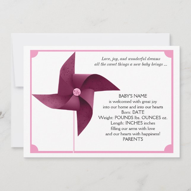 Girl Pink Pinwheel Kinderankündigung Ankündigung (Vorderseite)
