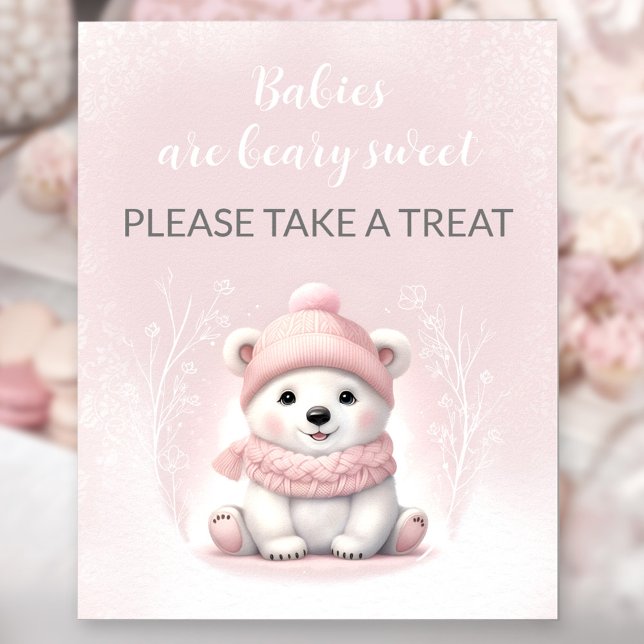 Girl Pink Polar Bear Baby Dusche Gefallen Zeichen Poster (Girl Pink Polar Bear Baby Shower Favor Sign)