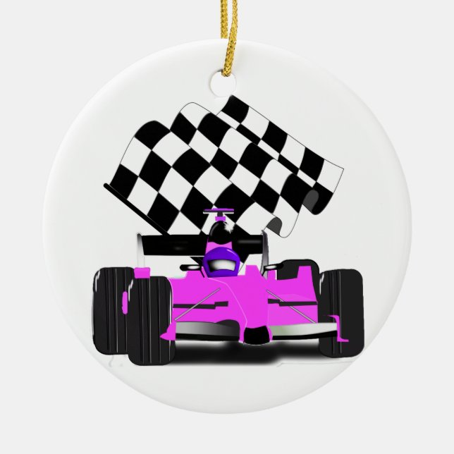 Girl Pink Race Car mit karierte Flagge Keramikornament (Vorne)