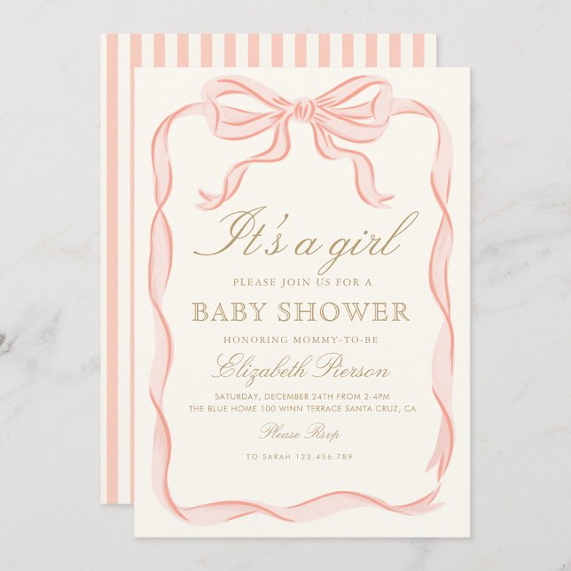 Girl Pink Ribbon elegante Minimalistische Babydusc Einladung (Von Creator hochgeladen)