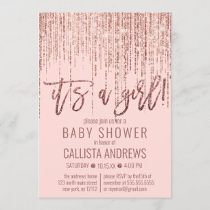 Girl Pink Rose Gold Glitzer Fringe Baby Dusche Einladung