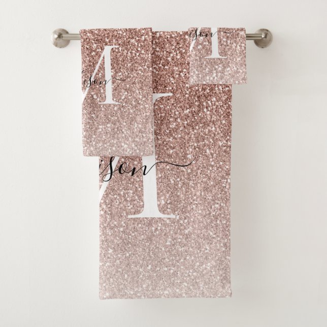 Girl Pink Rose Gold Glitzer Glam Monogram Script Badhandtuch Set (Insitu)