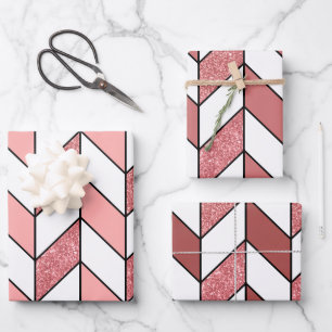 Girl Pink Rose Gold Glitzer Herringbone Zickzack Geschenkpapier Set