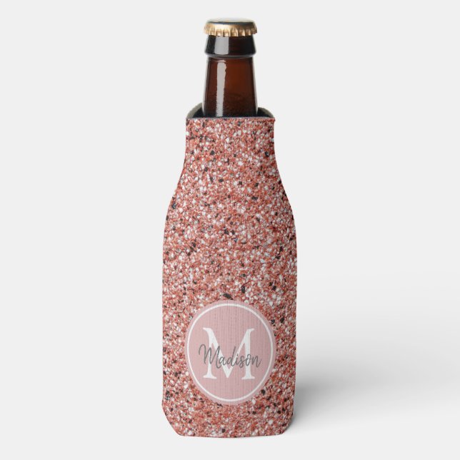 Girl Pink Rose Gold Glitzer Monogram Personalisier Flaschenkühler (Flaschenvorderseite)