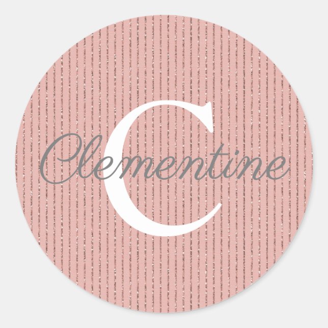 Girl Pink Rose Gold Glitzer Streifen Monogramm Runder Aufkleber (Vorderseite)