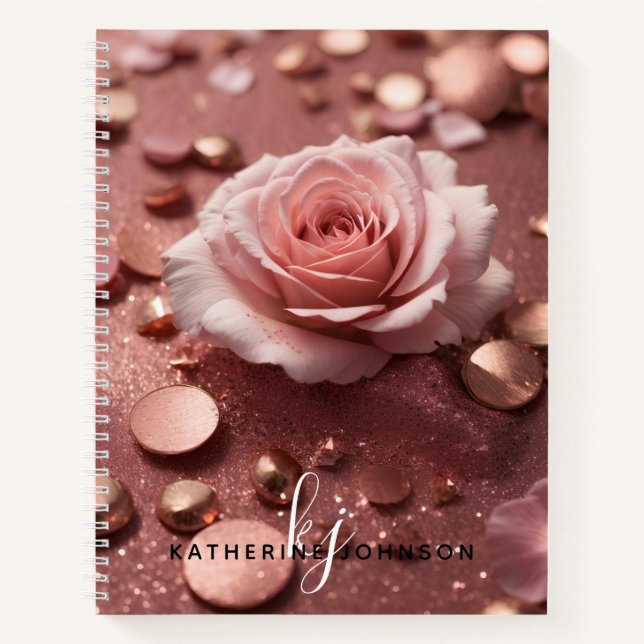 Girl Pink Rose Gold Sparkle Glitzer Monogram Name Notizbuch (Vorderseite)
