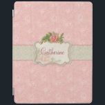 Girl-Pink-Rosen und Damask Personalisiert iPad Hülle<br><div class="desc">Rosa,  blumengeschmückter Hintergrund mit Graudamtel,  mittelgraziöses Blumenetikett mit Spray aus gürteligen Rose und Raum für Personalisierung.</div>