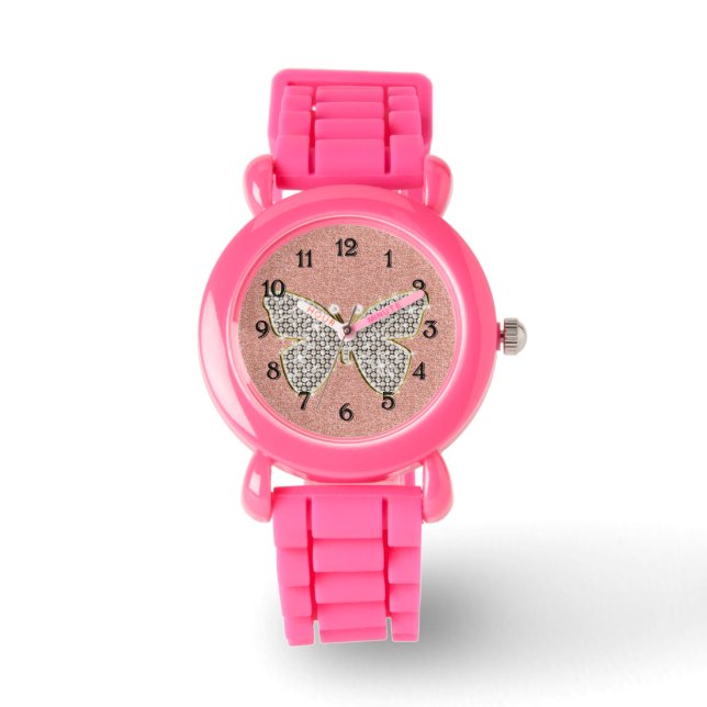 Girl Pink Silver Glitzer Diamonds Butterfly Armbanduhr (Vorderseite)