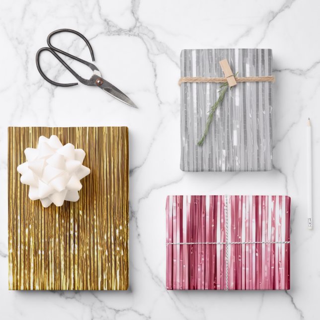 Girl Pink Silver Gold Glam Tinsel Streifen Geschenkpapier Set (Vorderseite)