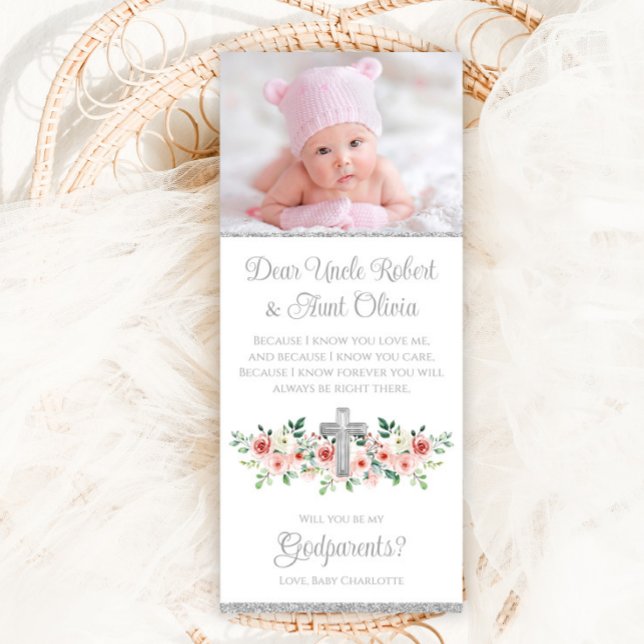 Girl Pink Silver Watercolor Cross Godparent Einladung (Pretty pink and silver floral cross baby girl photo Godparent invitation.)