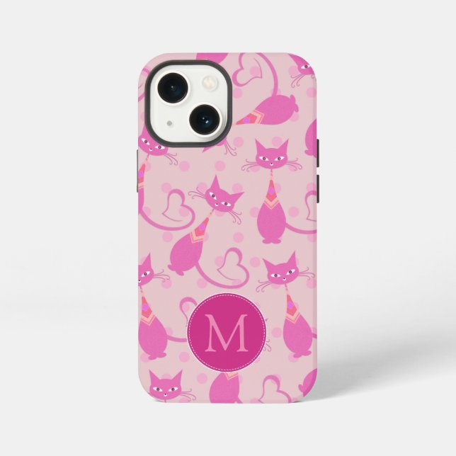 Girl Pink Sleek Cat Pattern Monogramm iPhone 13 Mini Hülle (Rückseite)