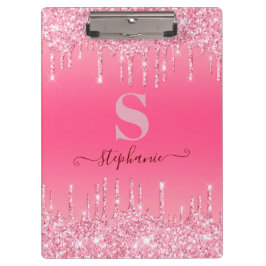 Girl Pink Sparkle Glitzer Monogram Klemmbrett
