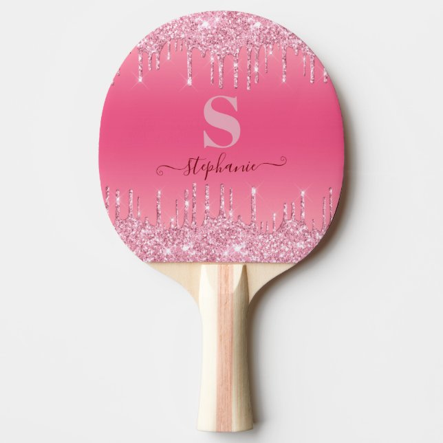 Girl Pink Sparkle Glitzer Monogram Tischtennis Schläger (Vorderseite)