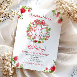 Girl Pink Strawberry Berry Erster Geburtstag Einladung