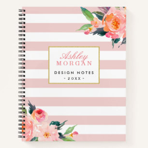 Girl Pink Stripes Floral Gold Persönliche Anmerku Notizbuch