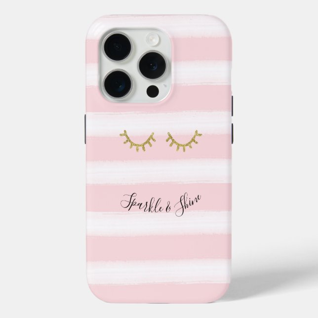 Girl Pink Stripes Gold Glitzer Eyelashes Case-Mate iPhone Hülle (Rückseite)