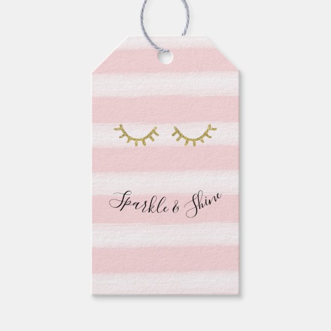 Girl Pink Stripes Gold Glitzer Eyelashes Geschenkanhänger (Vorderseite)