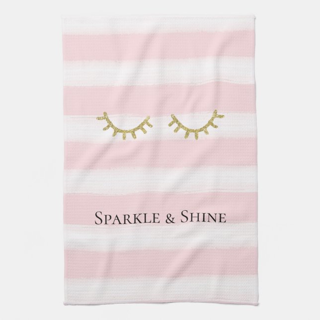 Girl Pink Stripes Gold Glitzer Eyelashes Geschirrtuch (Vertikal)