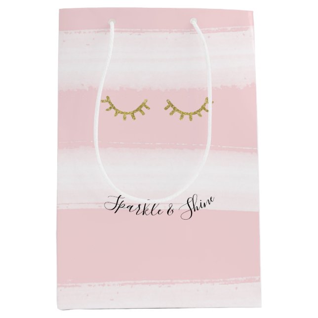 Girl Pink Stripes Gold Glitzer Eyelashes Mittlere Geschenktüte (Vorderseite)
