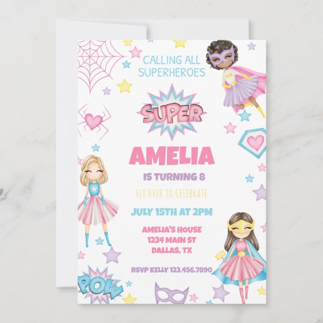 Girl Pink Superhero Einladung zum Geburtstag (Vorderseite)